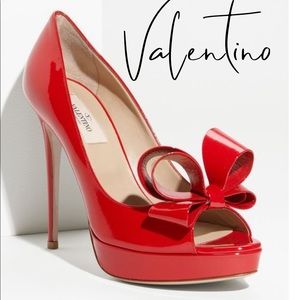 Valentino Patent Red Platform Heels with Bow